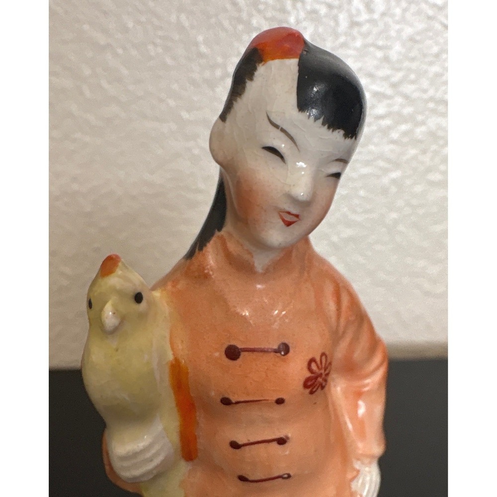 VTG Occupied in Japan Hand Painted Figurine with Bird Chinoiserie Ceramic Statue